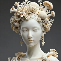 hyper detailed ultra sharp portrait of a beautiful porcelain ivory cyberpunk mechanoid, well contoured smooth fair skin, up close shot, sharp focus, global illumination, radiant light, haute couture steampunk corals headdress made of corals, brackets, mushrooms, puffballs, rhizomorphs, alexandre ferra, irakli nadar, octane highly render, 4 k, ultra hd,