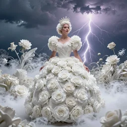 meredit frampton a queen with a white large magnificent more and more vaporous ,wrapped ,hight decorated,detailed ,white roses cotton dress shooting surrounded by a bouquet of abstract white flowers and clouds during lightning storm ,surrealism 8k