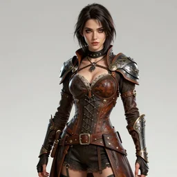 rogue, fantasy ornate leather bandit outfit!!! beautiful and athletic short hair female!! gorgeous face and eyes!! character concept art, sharp focus, octane render! unreal engine 5! highly rendered!! trending on artstation!! detailed linework!! illustration by wlop, chie yoshii, and artgerm