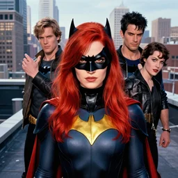 phil noto, peter mohrbacher, thomas kinkade, artgerm, willa holland batgirl dc comics, red hair, symmetrical eyes, city rooftop