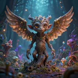 friendly Golem Tree with wings on a luminescent biome, oddities everywhere, enchanted, magical,  cinematic shot, intricate, ornate, photorealistic, ultra detailed, realistic, 100mm, photography, octane, high definition, depth of field, bokeh, 8k, behance, artstation