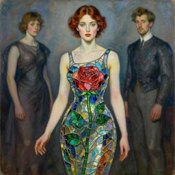 beautiful woman wearing a dress made from stained glass in the design of a rose. painting by artgerm and greg rutkowski and ilya kuvshinov, by paul lehr
