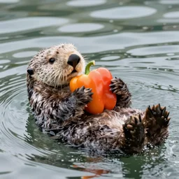 sea otter swimming in the water hugging an orange bell pepper