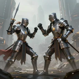 hyperrealism fantasy knight characters fight scene concept portrait, digital art, wallpaper of an fantasy fight, background of sci fi city in fog, diffused lighting, by laura zalenga and aleksi briclot, 8 k dop dof hdr, vibrant