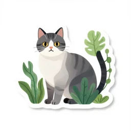 cat and plants illustration vinyl sticker, white background, sharp, clear focus, high quality, studio lighting, trending on instagram, product