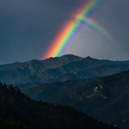 fantasy world zoomed out mountains silhouette in the dark rainbow sky, 8 k, hd
