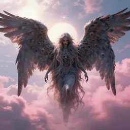 a scary biblically accurate angel, many wings many eyes in a beautfiful sky, pink clouds illuminated by the sun, eerie, monster like, by craig mullins