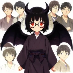 4k concept art of a cute japanese girl wearing round glasses and a long robe, with big red eyes and demon wings and short black hair, drawn by akihiko yoshida and tsutomu nihei and wadim kashin and john berkey and makoto shinkai and yoji shinkawa