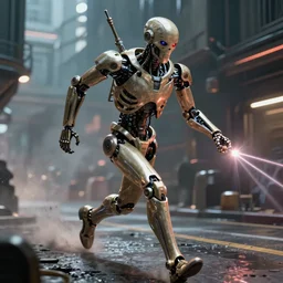 robot skeleton detailed bladerunner villain from a big budget movie. Running through the street shooting lasers. Photograph.
