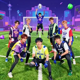 all nct members having a adventurous game of ultimate football tag, in the synthwave art style, highly detailed