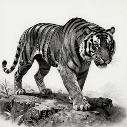 cyberpunk tiger, fine detail, cyborg parts, in peril, black, drawn by leonardo da vinci