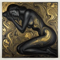 3 d female body silhouette sleeping in marbling liquid acrylic fluid, art noveauand art deco, black colors, cinestill, 7 0 mm photography, photography by amy leibowitz and volfgang schneider, bodypainting, painting by morava and goldalh, artstation, epic concept art, beautiful female face matte painting