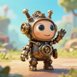 a tiny cute steampunk gizmo monster with cogs screws big eyes smiling waving, back view, isometric 3 d, ultra hd, character design by mark ryden pixar hayao miyazaki, unreal 5, daz, hyperrealistic, octane render, cosplay, rpg portrait, dynamic lighting, intricate detail, summer vibrancy, cinematic, centered
