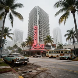 low wide angle shot of dilapidated fallout 5 miami, tropical coastal city, desolate, dilapidated neon signs, few rusted retro futuristic vintage parked vehicles like cars, buses, trucks, trams, volumetric lighting, photorealistic, fog, daytime, autumn, overcast weather, sharp focus, ultra detailed, 4 0 0 0 k