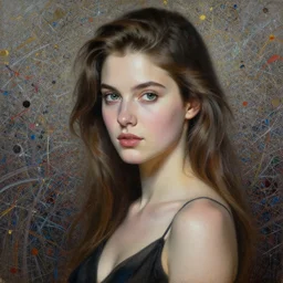 painting of a gorgeous young woman in the style of Guy Denning, realistic, sharp focus, 8k high definition, insanely detailed, intricate, elegant, art by Guy Denning and Jackson Pollock