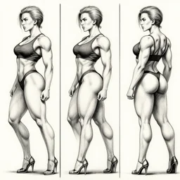 scarlett johansson as body builder in baki anime manga style, 3 panel, pencil and ink, dramatic lighting, full body action profile
