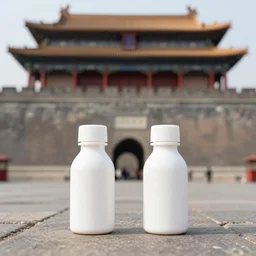symmetrical photo of small white plastic bottle standing in front of great china wall, products shot