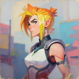 greg manchess portrait painting of faye valentine as overwatch character, medium shot, asymmetrical, profile picture, organic painting, sunny day, matte painting, bold shapes, hard edges, street art, trending on artstation, by huang guangjian and gil elvgren and sachin teng