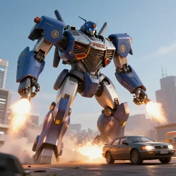 Giant police mech fires rockets at fleeing car, color, cinematic lighting, highly detailed, octane render