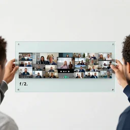 5 0 mm f / 2. 3 wide shot photograph of two diverse virtual collaborators swiping on both sides of a floating glass sheet between them, sliding video thumbnails around and assembling a video - annotated transcript next to the horizontal stack row of movie still frames