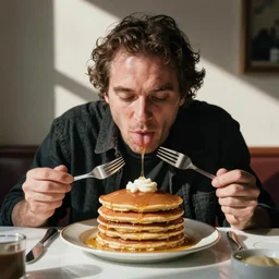 mark e smith sitting at a table eating a big stack of pancakes, fork and knife in hand, drooling and licking his lips, photograph