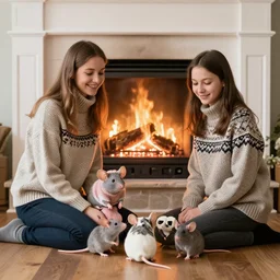 a mouse family sitting in front of a fireplace wearing woolen sweater