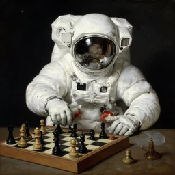 space odyssey astronaut playing chess, Oil painting, old master