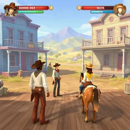screenshot of gameplay dating simulator game set in 1 8 5 5, interior of old west saloon, featuring african american and japanese cowboys and cowgirls in ghost town with buildings painted bright pastel colors, morning light with mountains in the background