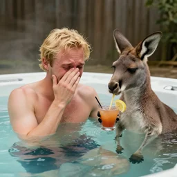 a blond man crying in a hot tub with a kangaroo drinking a cocktail