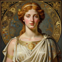 portrait of beautiful greek goddess, wearing an ornate toga with intricate floral patterns, by terry o'neill intricate, elegant, highly detailed, digital painting, glistening skin, artstation, concept art, smooth, sharp focus, bold lighting, illustration, art by artgerm and greg rutkowski and alphonse mucha, 8 k