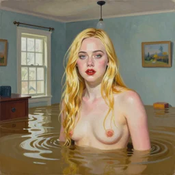 painting of Elle Fanning in a flooded house interior, Kitsch style