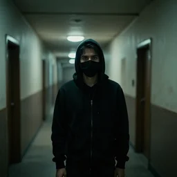endless hallway in area 5 1 found footage dark noisy lights a man wearing a black hoodie looking at the camera wearing a black mask
