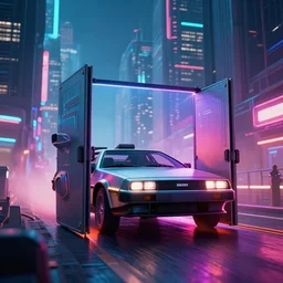 delorean in a cyberpunk city with skyscrapers, artstation award winner, digital art, doors open, volumetric lighting, neon colors, short telephoto, octane render, highly detailed