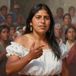 epic portrait of tall muscular rigoberta menchu explaining, friendly, guatemla, crowd for background, detailed, digital painting, artstation, concept art, donato giancola, joseph christian leyendecker, wlop, boris vallejo, breathtaking, high details, extremely detailed, sincere face, establishing shot, artistic, hyper realistic, beautiful face, octane render
