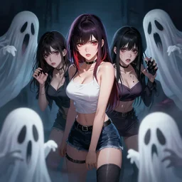 anime girls frightened by scary ghosts, masterpiece, pinup, highly detailed, digital painting, artstation, concept art, smooth, sharp focus, illustration, Unreal Engine 5, 8K
