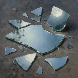 pieces of a broken mirror lying on the ground, many shards, very detailed, digital painting, oil painting, moonlight, hyperrealistic, highly detailed, beautiful, artstation, cgsociety