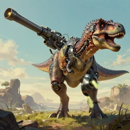 A tyrannosaurus rex with cybernetic implants and a large spine-mounted laser cannon, by Greg Rutkowski and James Gurney, trending on artstation