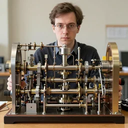 a random pointlessly elaborate intricate contraption pneumatic machine with no apparent purpose, being operated by a scholarly looking man with a clear directed gaze, xf iq 4, f / 5. 4, iso 2 0 0, 1 / 1 6 0 s, 8 k, raw, unedited, symmetrical balance, in - frame