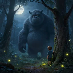 a small boy!! hiding behind a tree discovers a huge!! furry monster in a misty moonlit forest, painting by peter mohrbacher. surrounded by glowing fireflies, cinematic lighting, cgsociety, artstation