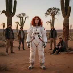 beautiful woman with red hair in spacesuit, lost in the martianMartian forest at dusk, by Edgar Maxence and Ross Tran and Michael Whelan and Gustav Klimpt