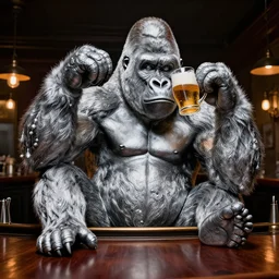 elegant, intricate detail, big silver back gorilla chilling in a bar drinking a beer, by greg rutkowski dynamic wide angle lens, dramatic lighting,