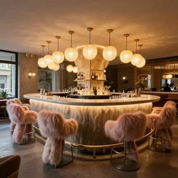 award - winning interior design of a modern hotel bar, playful furry furniture, warm lamp lighting