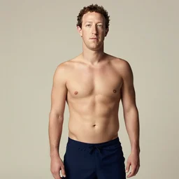 Photo of Mark Zuckerberg in swimsuit, soft studio lighting, photo taken by Anne Liebovitz for Abercrombie and Fitch, award-winning photo, 24mm f/1.4