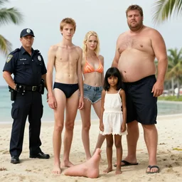 one man with a big swollen foot, plus another skinny man, plus a blonde woman, plus a policeman in swimsuit, plus a black haired girl, plus a tall man big belly