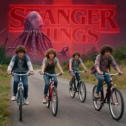 stranger things four friends riding their bike encounter a demogorgon
