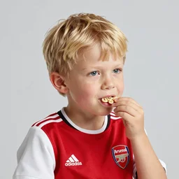 a young blonde boy eating cheerios, wearing a red arsenal shirt, hyperrealistic, 4k, unreal engine