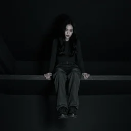 strange entity sitting on ceiling in black room