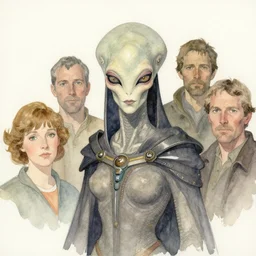 a simple and atmospheric watercolour portrait of a pulp sci - fi alien queen, very muted colors, by rebecca guay, michael kaluta, charles vess and jean moebius giraud