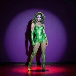 photograph by nan goldin only with one green drag queen stnading in a spotlight with smeared makeup chiaroscuro intricate composition purple insanely quality highly detailed masterpiece red light