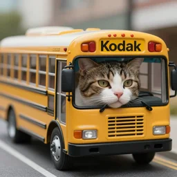 beautiful hyperrealism three point perspective film still of a despressed cat driving a school bus, extreme closeup portrait in style of 1990s frontiers in translucent porclein miniature street photography seinen manga fashion edition, miniature porcelain model, focus on face, eye contact, tilt shift style scene background, soft lighting, Kodak Portra 400, cinematic style, telephoto